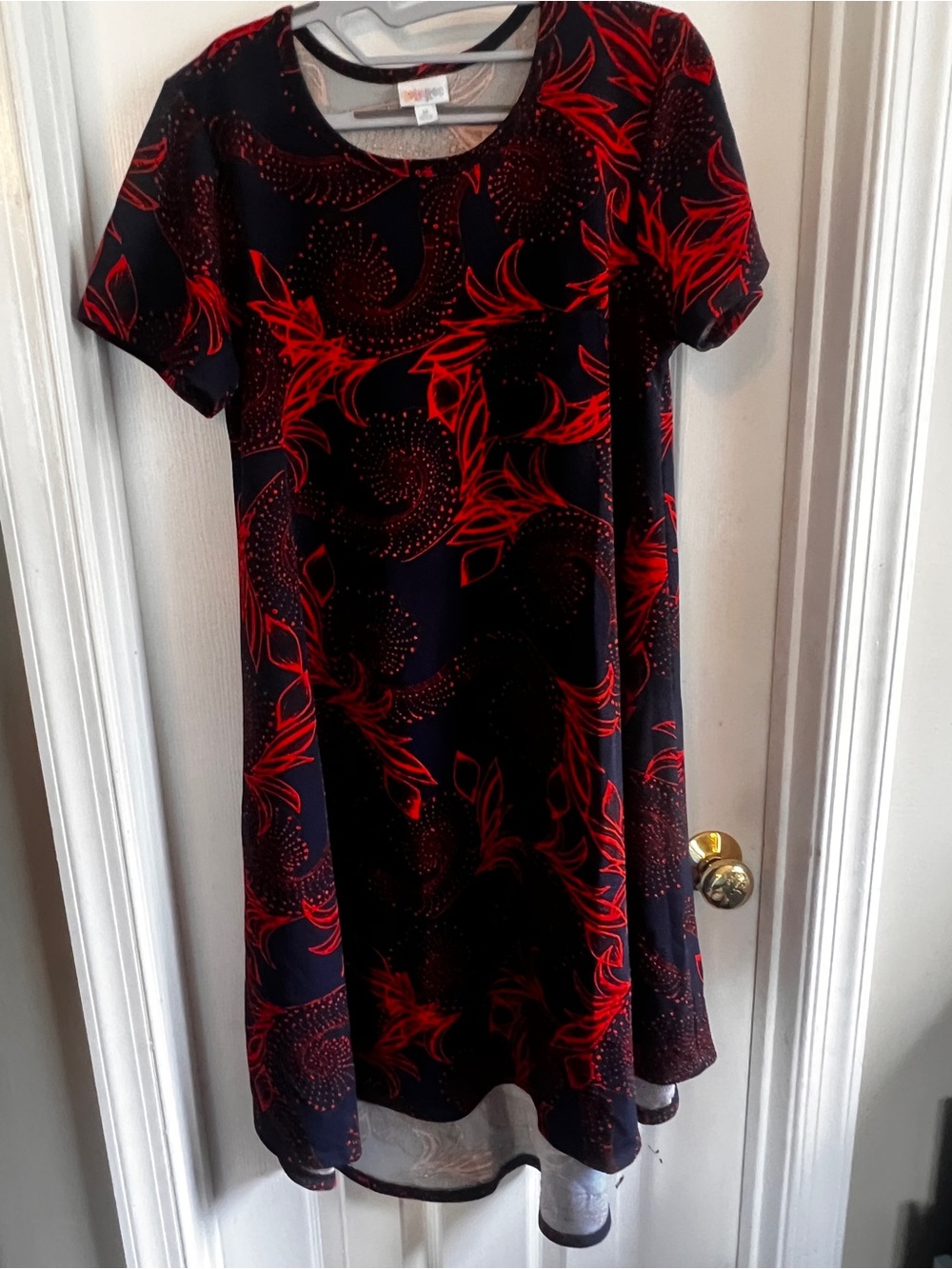 LuLaRoe Navy Midi Carly Dress with Orange Paisley Print